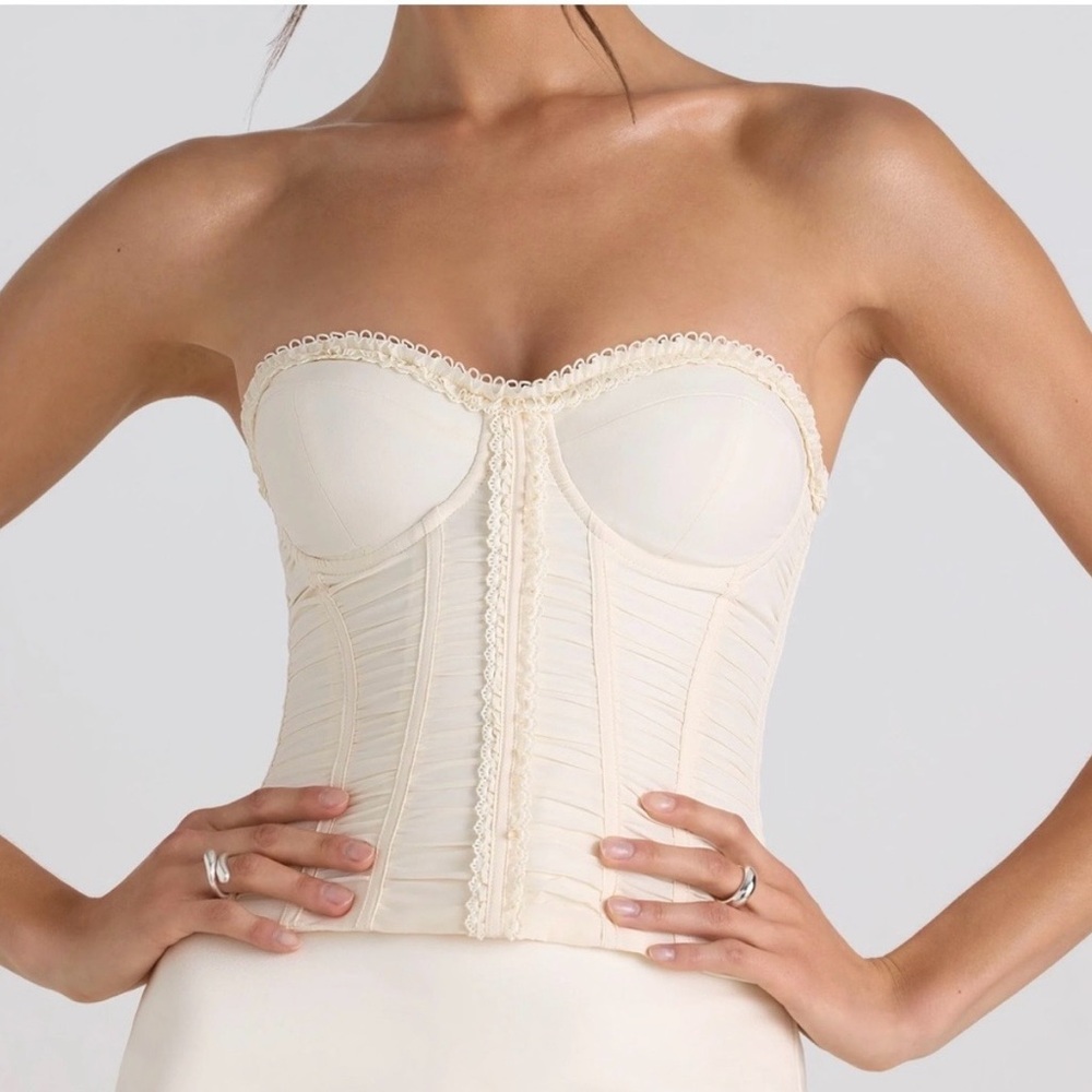 OH POLLY MELVINA Ruched Lace-Up Strapless Corset Top in Ivory 0